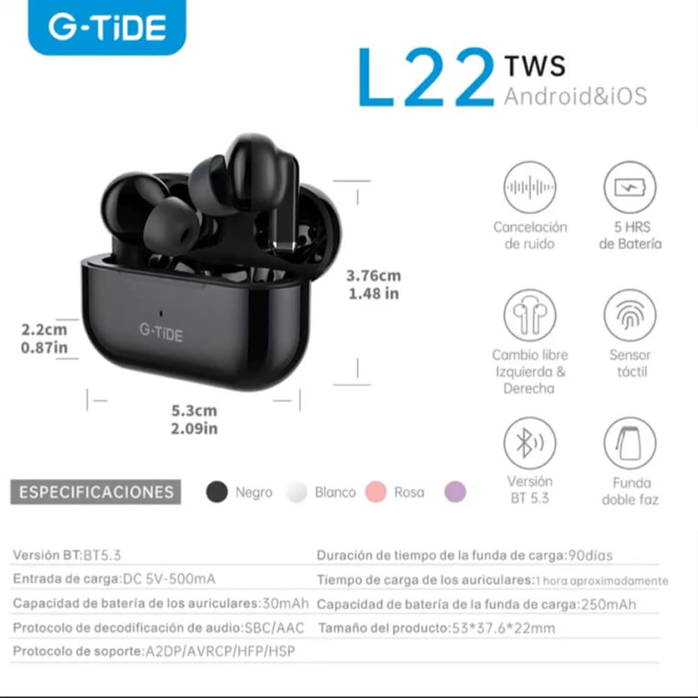 Audífonos Bluetooth Cancelación de Ruido Sport 30mAh + estuche 300mAh IPX4 G-TIDE L229
