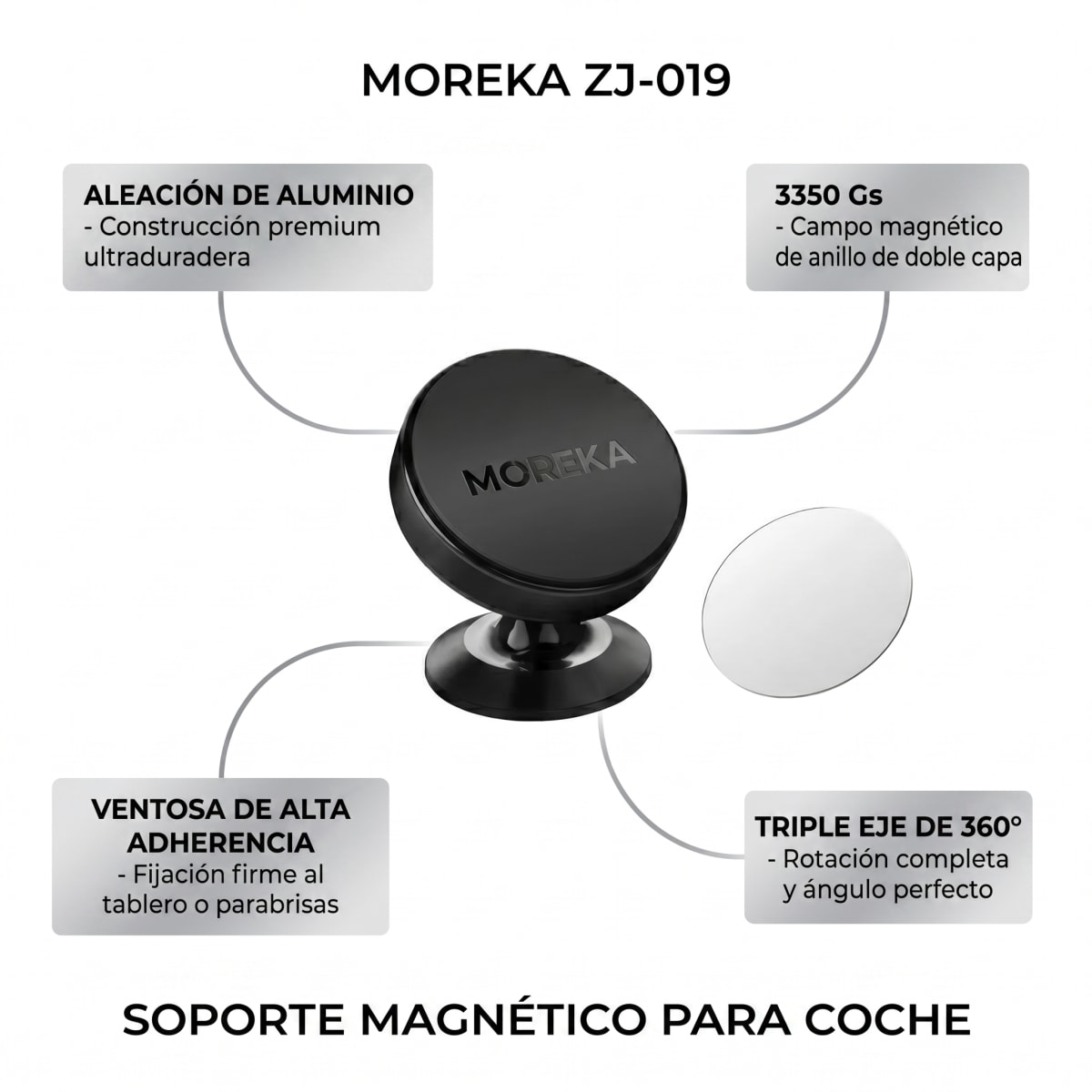 Soporte Magnético para Auto Moreka ZJ-019 de Aleación de Aluminio Sujeción 3350Gs Giro 360° Operación con Una Mano Compatibilidad Universal para Todos los Celulares1