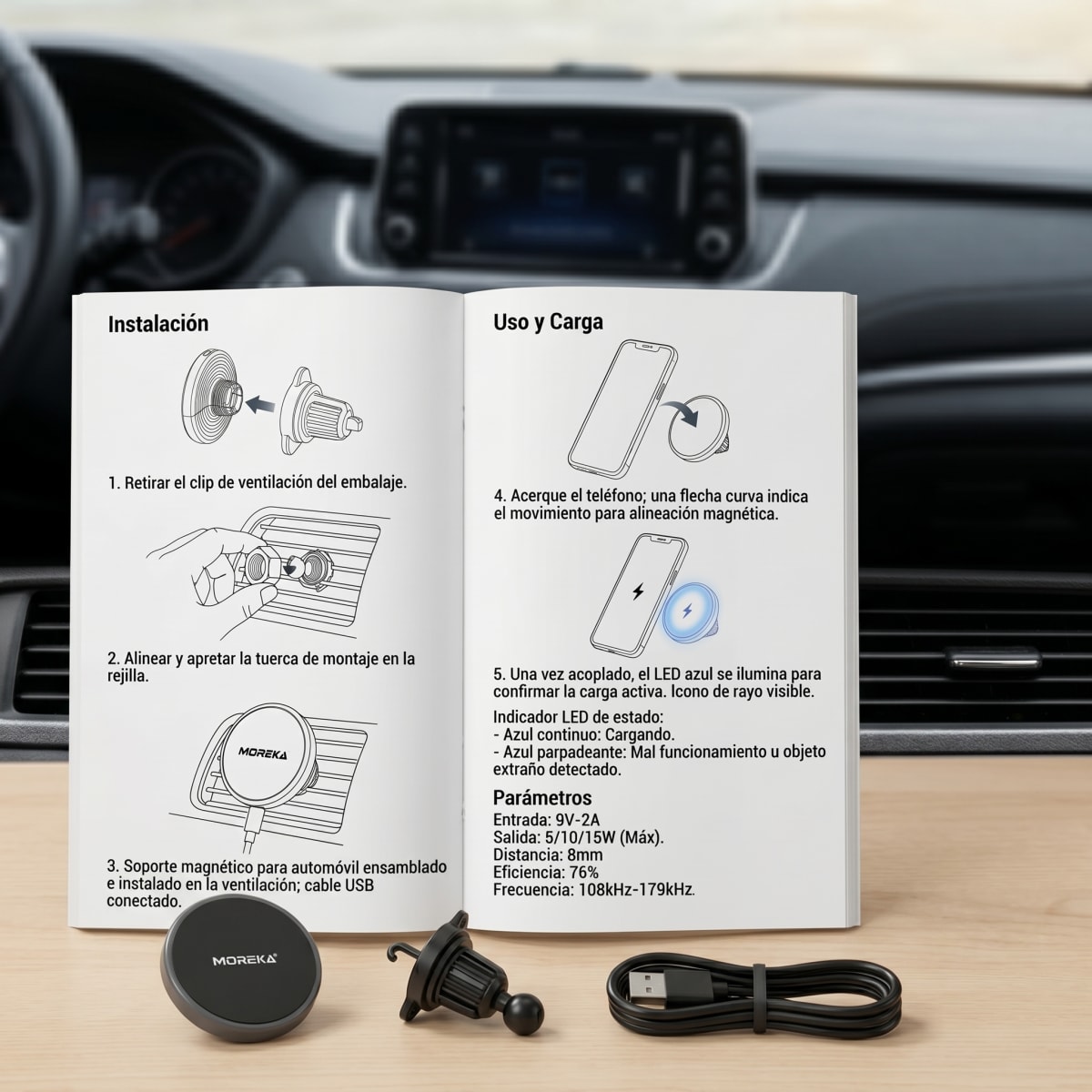 Cargador Inalámbrico Magnético para Auto Moreka ZJ-020 15W Soporte Ventilación Carga Rápida6