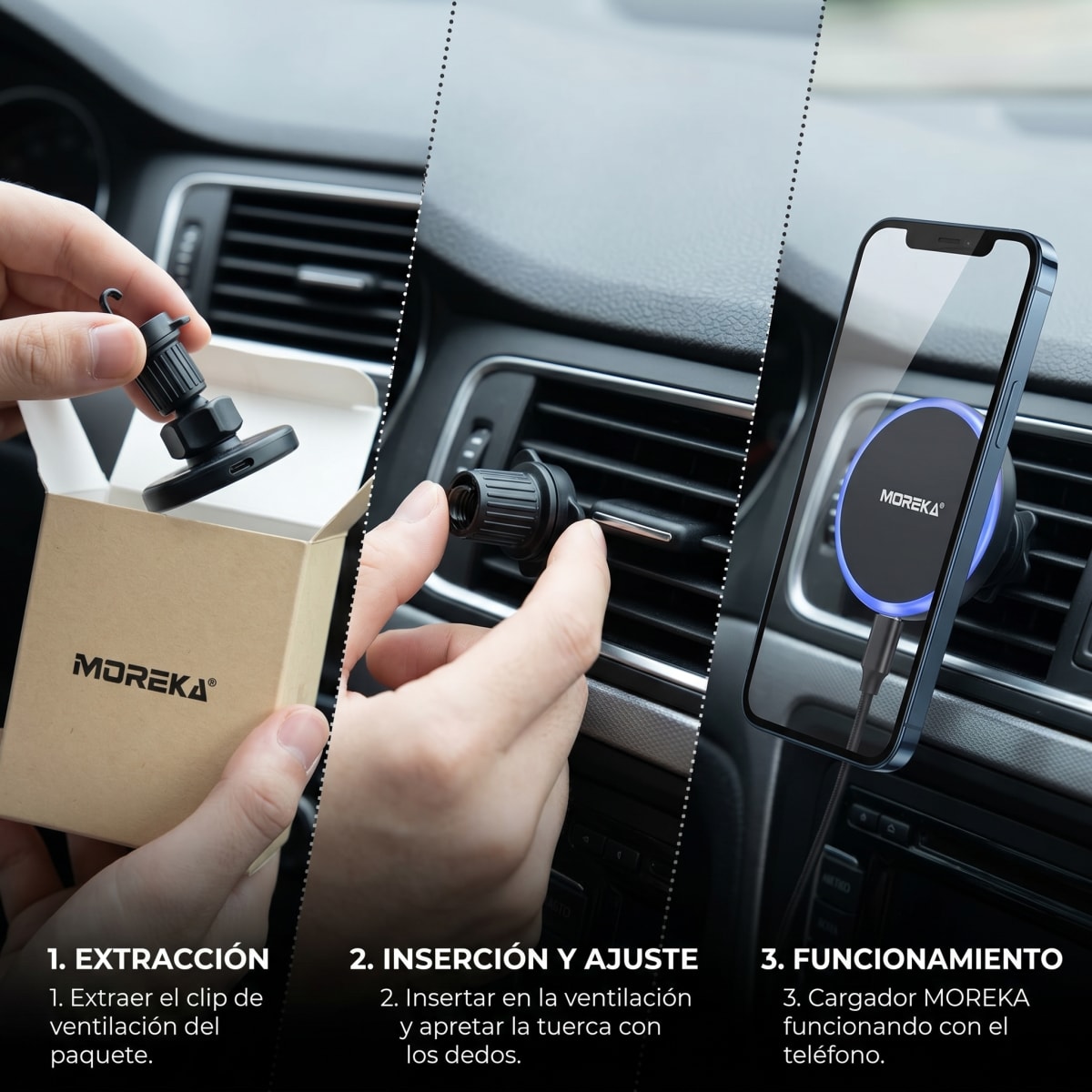 Cargador Inalámbrico Magnético para Auto Moreka ZJ-020 15W Soporte Ventilación Carga Rápida4