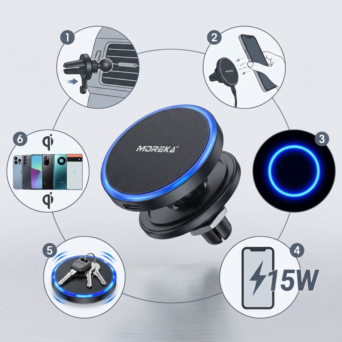 Cargador Inalámbrico Magnético para Auto Moreka ZJ-020 15W Soporte Ventilación Carga Rápida3