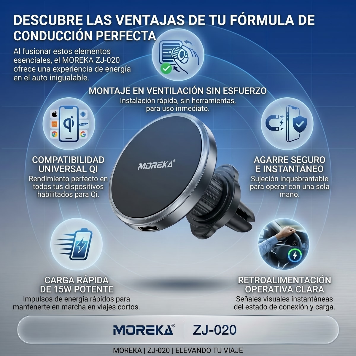 Cargador Inalámbrico Magnético para Auto Moreka ZJ-020 15W Soporte Ventilación Carga Rápida7