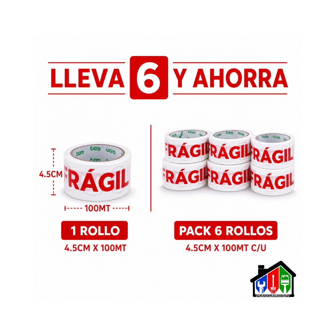 CINTA DE EMBALAJE FRAGIL 100MT X 4.5CM PACK 6 UNIDADES3