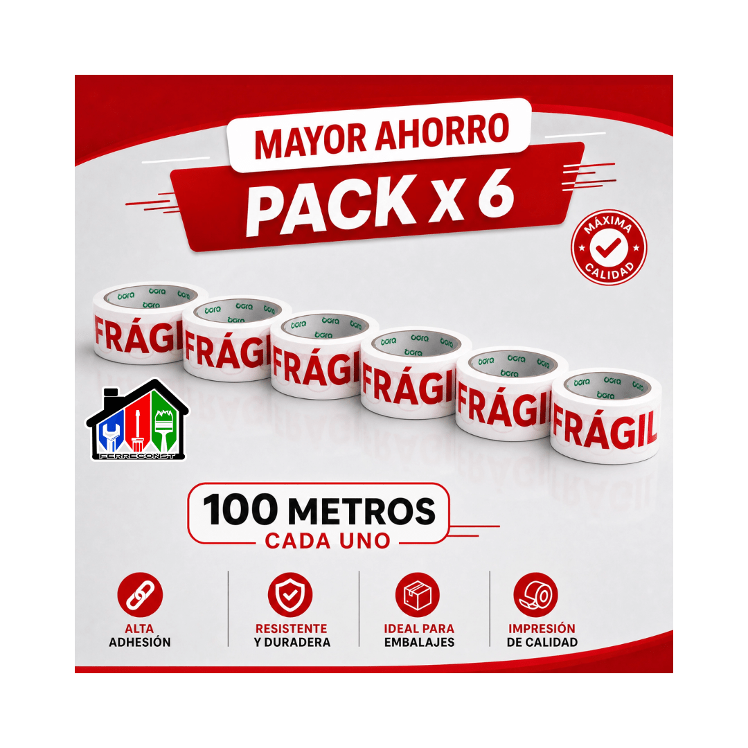 CINTA DE EMBALAJE FRAGIL 100MT X 4.5CM PACK 6 UNIDADES6