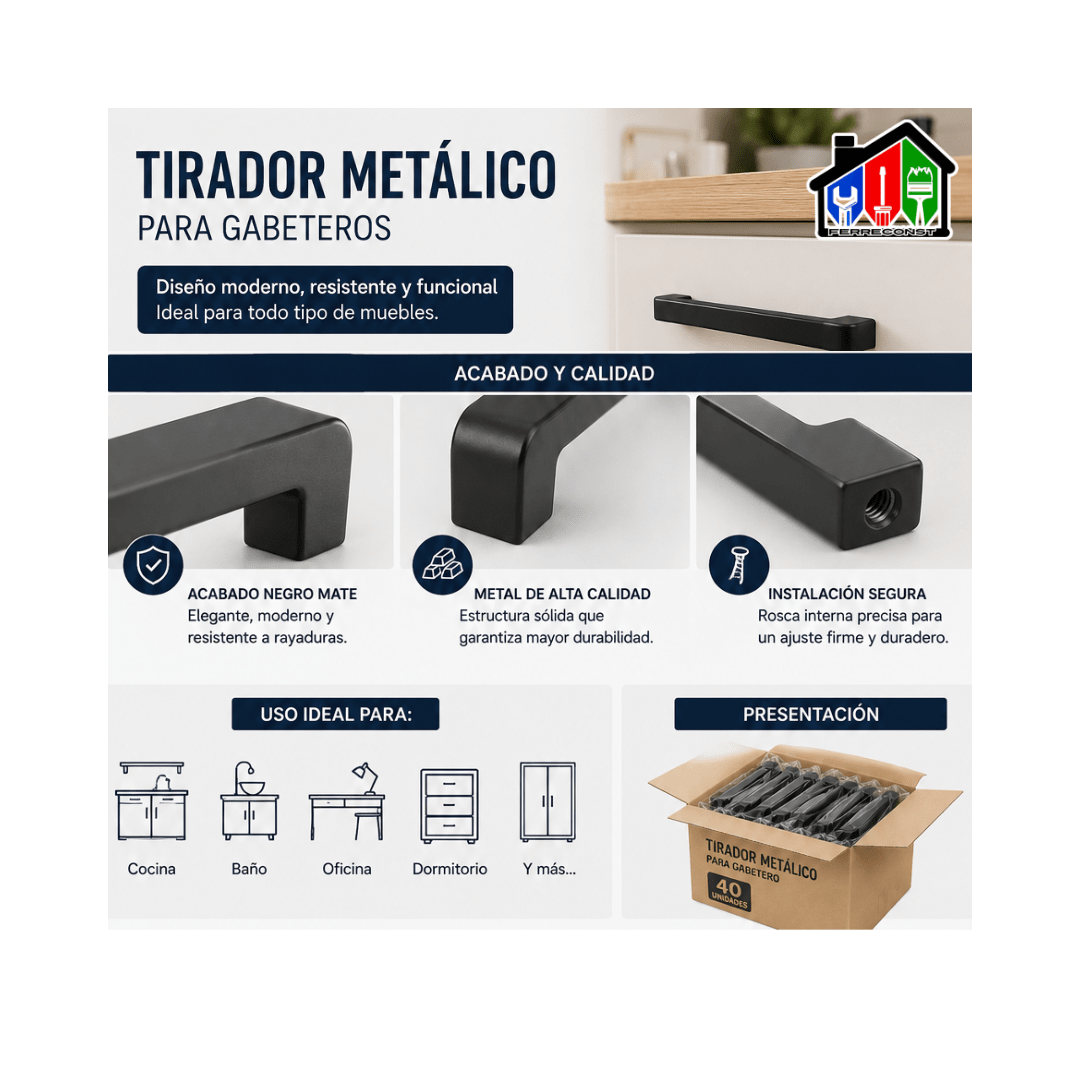 PACK DE 10 TIRADORES METÁLICOS PARA CAJON NEGRO MATE 13,6CM9