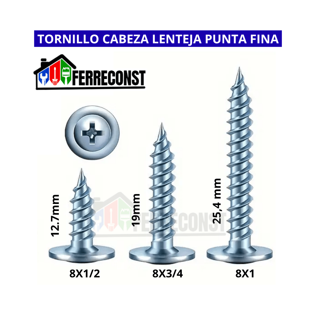 TORNILLO CABEZA LENTEJA PUNTA FINA 8X1/2 CAJA DE 100 UDS2
