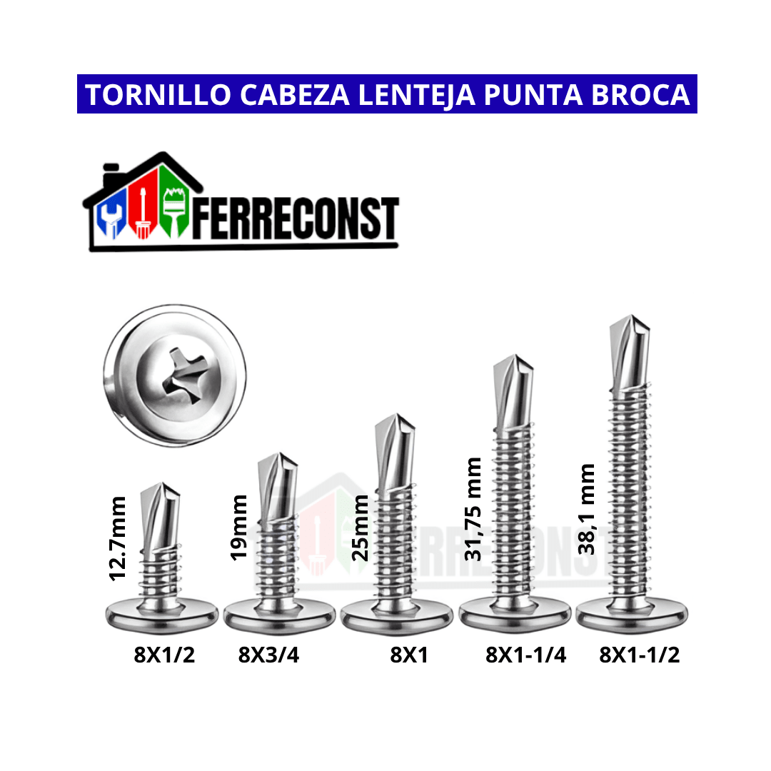 TORNILLO CABEZA DE LENTEJA PUNTA BROCA 8X1/2 CAJA DE 100 PCS2