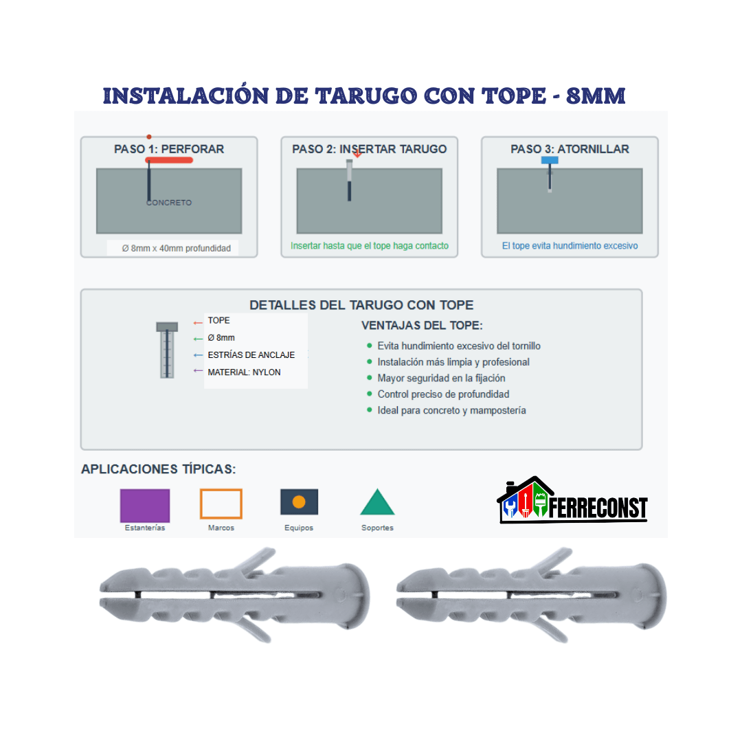 TARUGO PLASTICO PARA CONCRETO 8MM CON TOPE 500 UNIDADES3