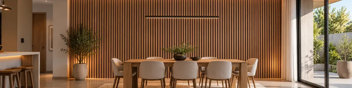 Comedor con muro revestido en Wall Panel PVC de listones color madera