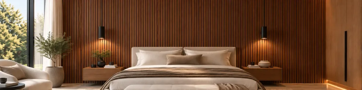 Dormitorio con Wall Panel de listones tono madera en el respaldo de la cama