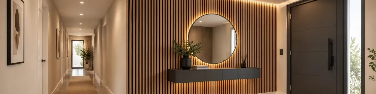 Recibidor con Wall Panel PVC de listones, espejo redondo y repisa flotante