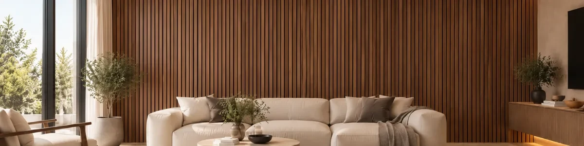 Living con Wall Panel PVC de listones tono madera detrás del sofá