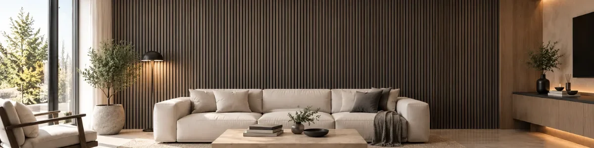Living con Wall Panel PVC de listones oscuros detrás del sofá