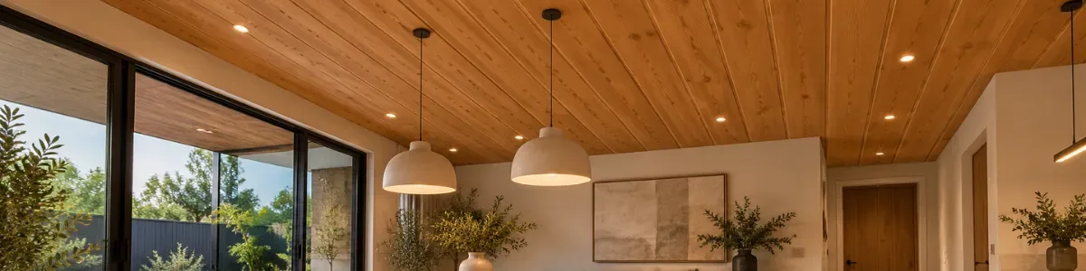 Living con cielo PVC de acabado tipo madera y luces empotradas