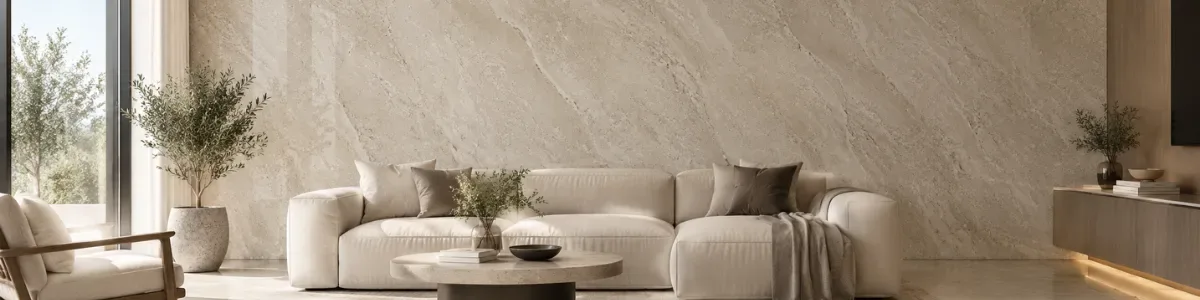 Living con muro revestido en Piedra Flex de tono claro detrás del sofá