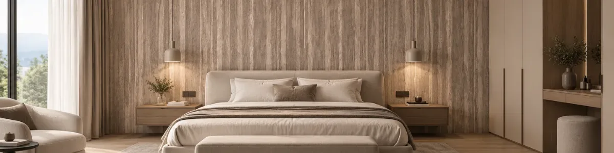 Dormitorio con Piedra Flex tipo travertino en la pared del respaldo de la cama