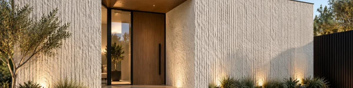 Fachada de casa con muros revestidos en Piedra Flex clara e iluminación nocturna