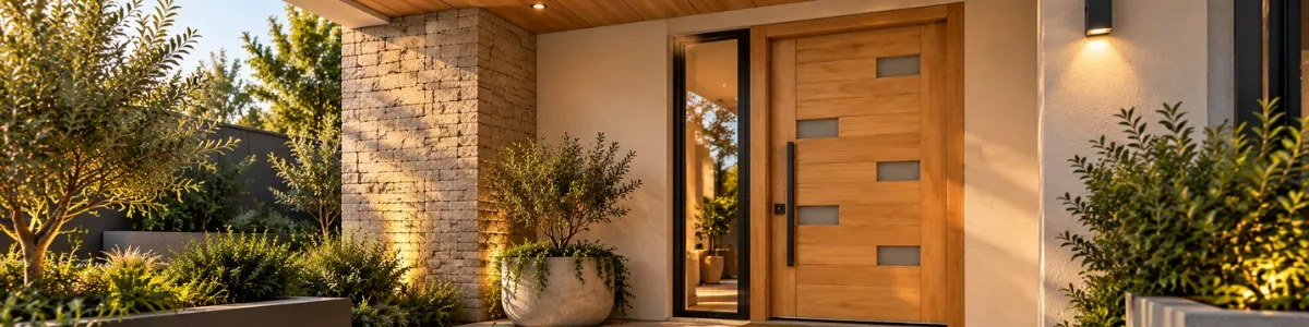 Entrada principal de casa con puerta exterior de madera