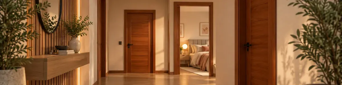 Pasillo con puertas interiores de madera hacia el dormitorio