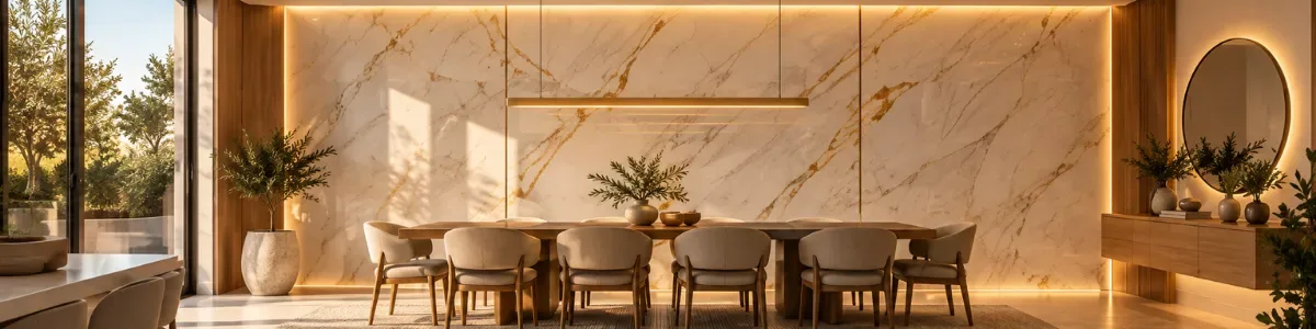 Comedor con muro revestido en Panel UV tipo mármol claro con vetas doradas