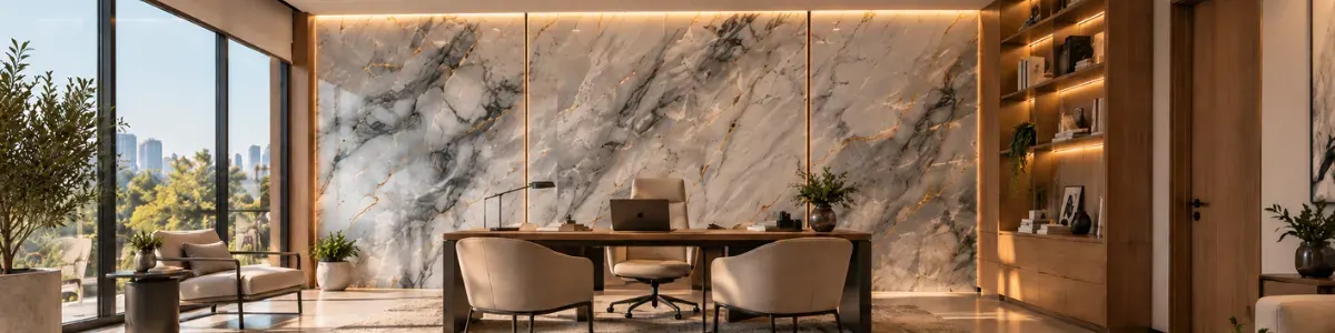 Oficina con muro revestido en Panel UV tipo mármol gris con vetas
