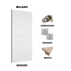 KIT PUERTA MILANO 65X200 CM BAÑO (MARCO 90X30 MM - CERRADURA INOX - BISAGRA)