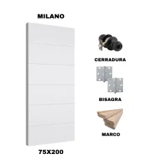 KIT PUERTA MILANO 75X200 CM BAÑO (MARCO 90X30 MM - CERRADURA NEGRA - BISAGRA)