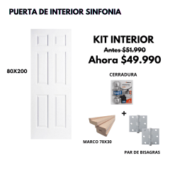 KIT PUERTA SINFONIA 80X200+MARCO 7+CERRADURA BAÑO INOX+BISAGRA