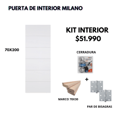 KIT PUERTA MILANO 70X200+MARCO 7+CERRADURA BAÑO INOX+BISAGRA