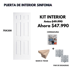 KIT PUERTA SINFONIA 70X200+MARCO 7+CERRADURA BAÑO INOX+BISAGRA