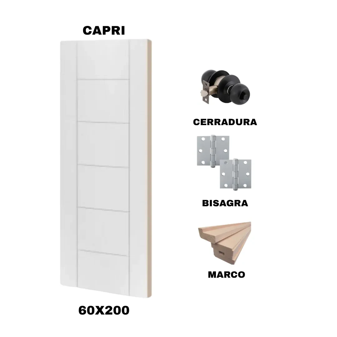 KIT PUERTA CAPRI 60X200 CM BAÑO (MARCO 70X30 MM  - CERRADURA NEGRA - BISAGRA)1