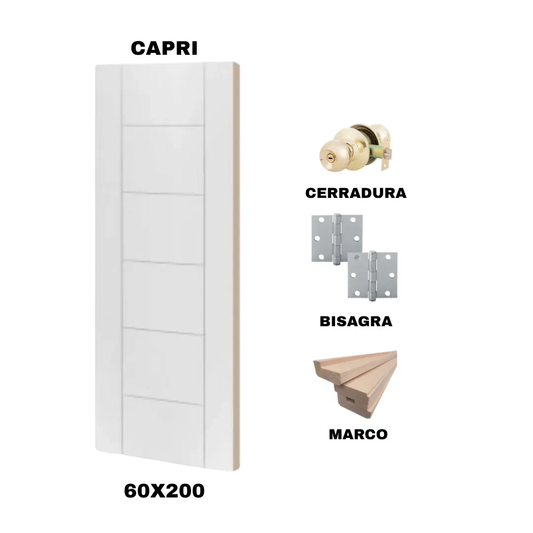 KIT PUERTA CAPRI 60X200 CM BAÑO (MARCO 90X30 MM  - CERRADURA BRONCE - BISAGRA)1