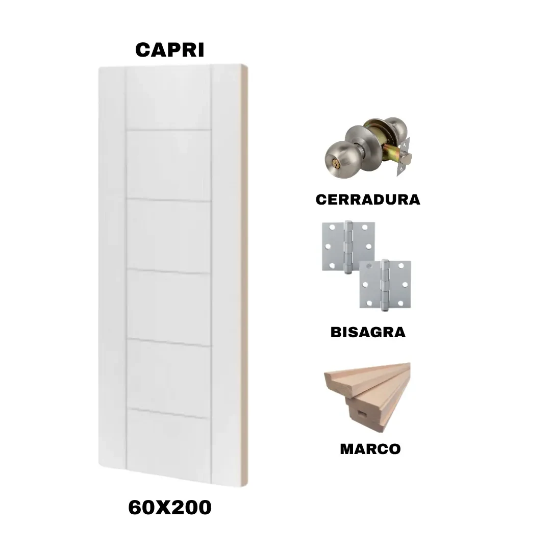 KIT PUERTA CAPRI 60X200 CM DORMITORIO (MARCO 90X30 MM  - CERRADURA INOX - BISAGRA)1