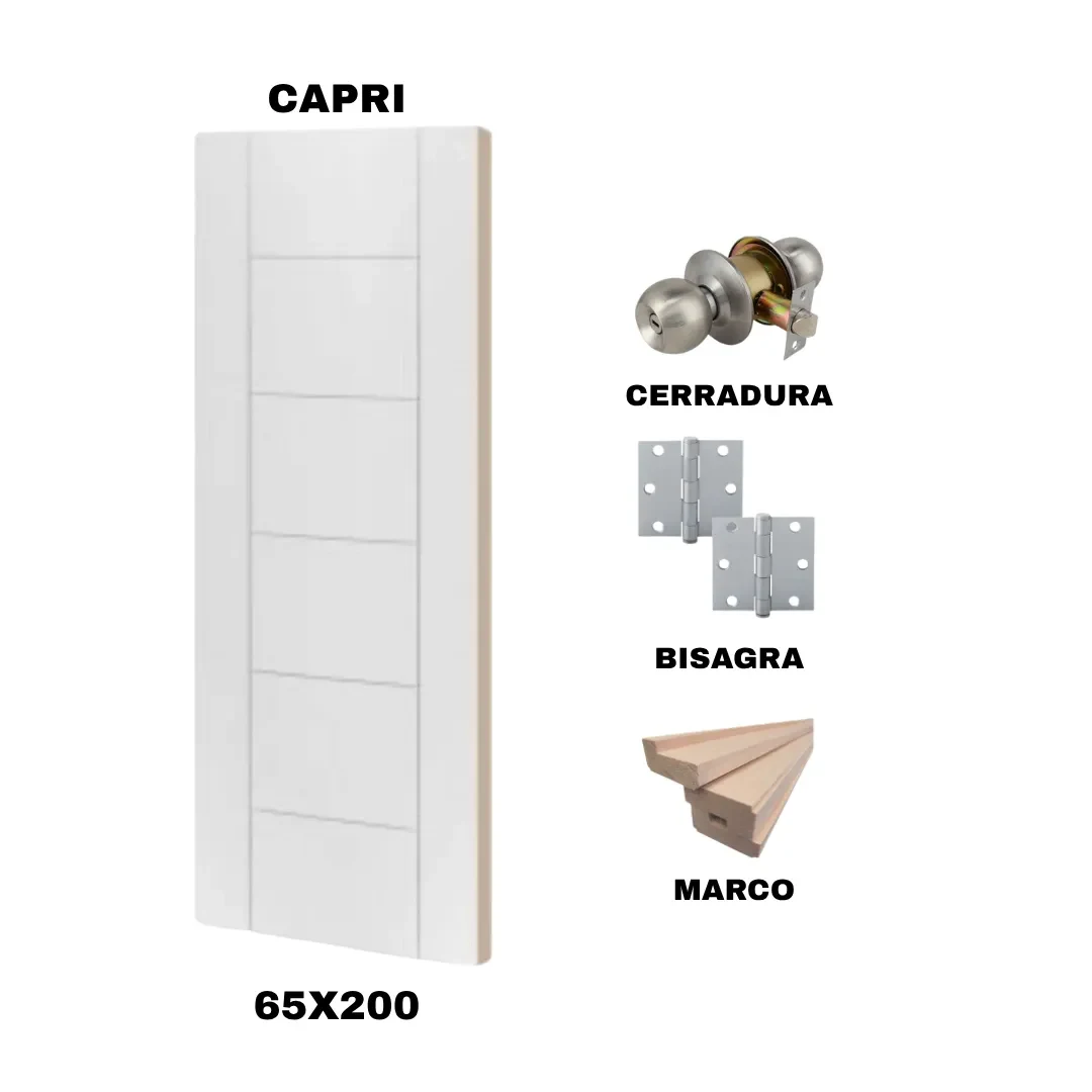 KIT PUERTA CAPRI 65X200 CM BAÑO (MARCO 70X30 MM  - CERRADURA INOX - BISAGRA)1