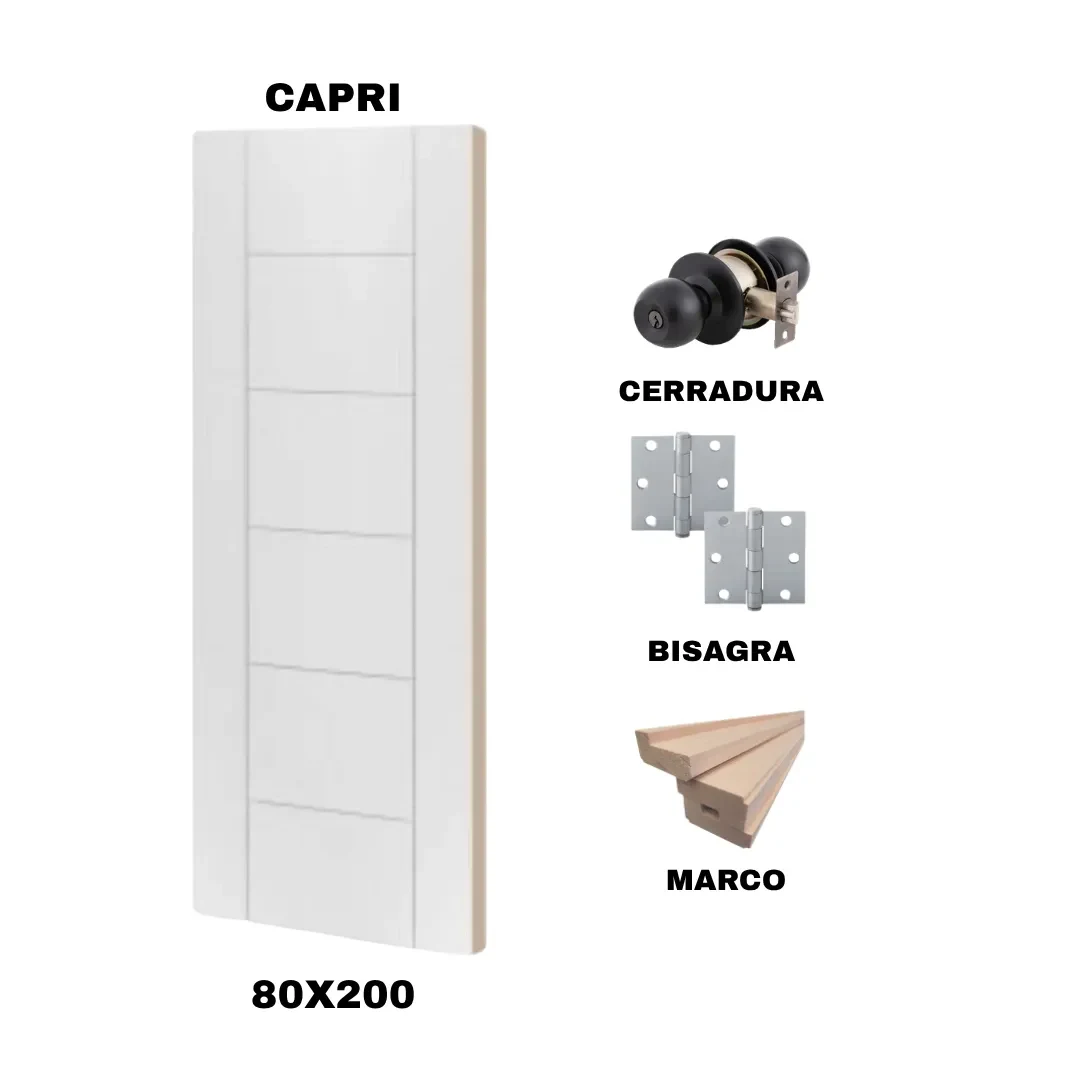 KIT PUERTA CAPRI 80X200 CM DORMITORIO (MARCO 90X30 MM  - CERRADURA NEGRO - BISAGRA)1