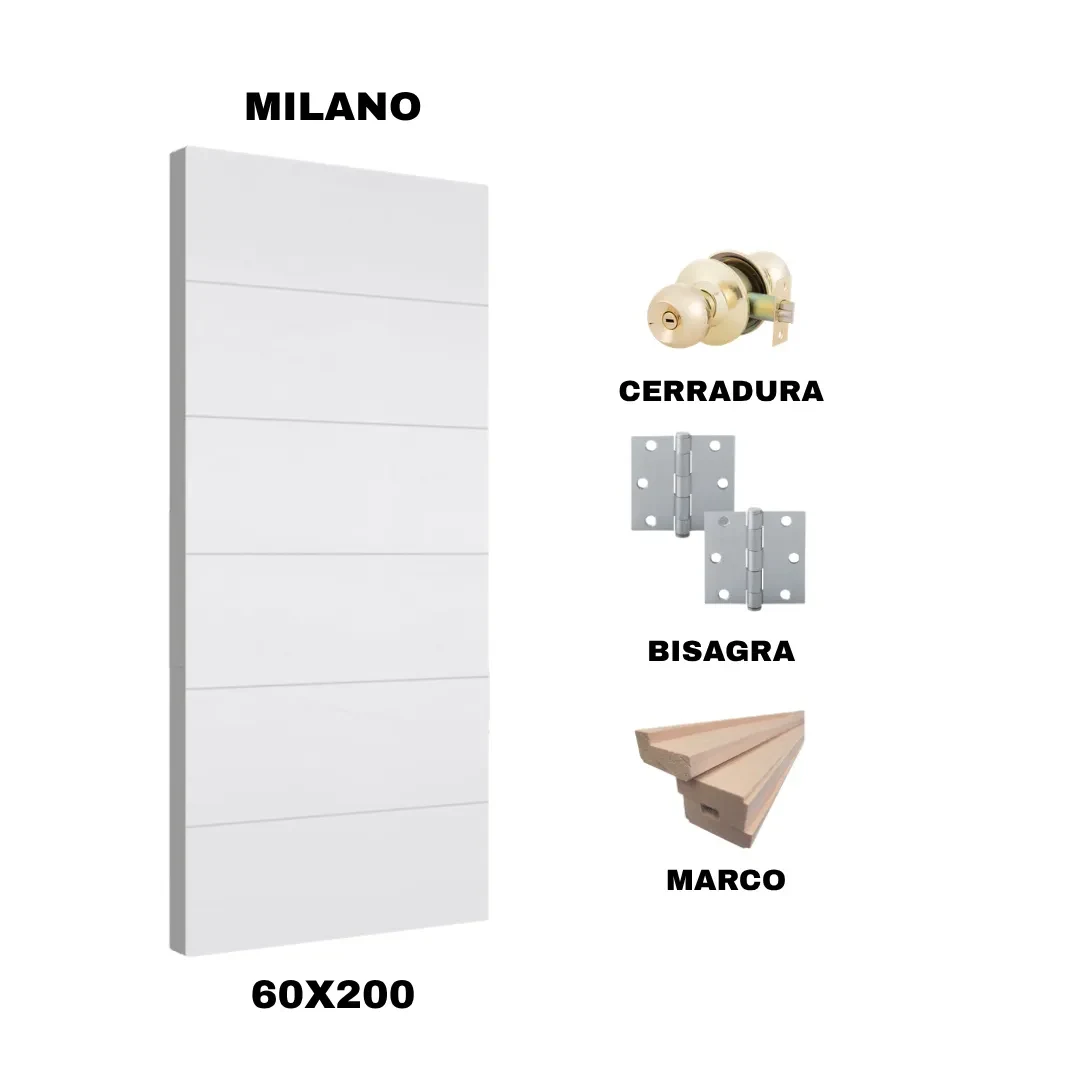 KIT PUERTA MILANO 60X200 CM BAÑO (MARCO 90X30 MM  - CERRADURA BRONCE - BISAGRA)1