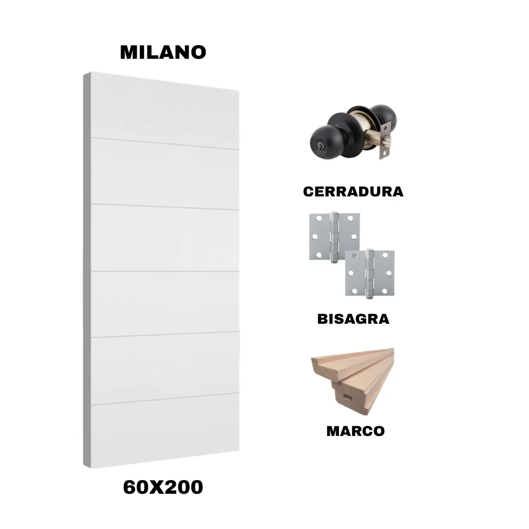 KIT PUERTA MILANO 60X200 CM DORMITORIO (MARCO 90X30 MM  - CERRADURA NEGRO - BISAGRA)1