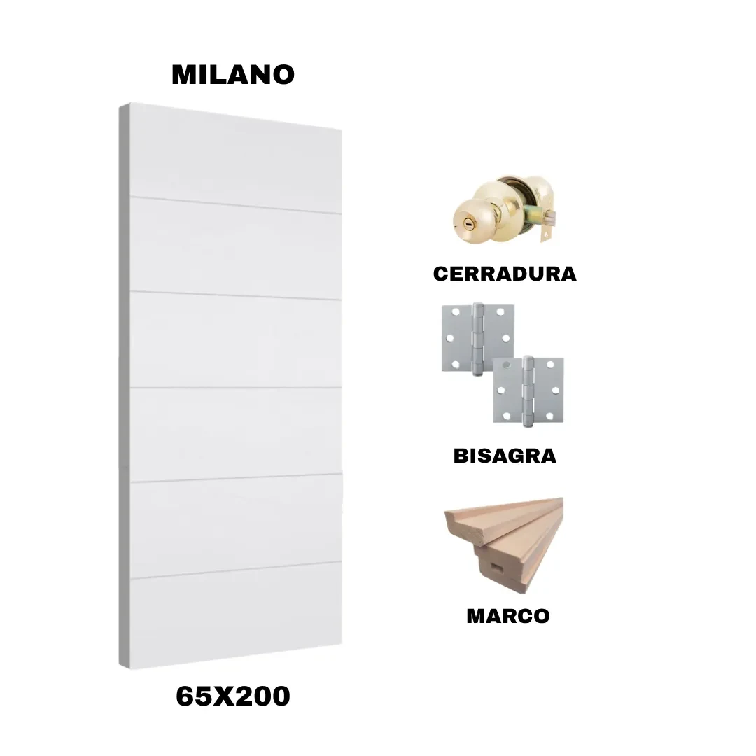 KIT PUERTA MILANO 65X200 CM BAÑO (MARCO 90X30 MM  - CERRADURA BRONCE - BISAGRA)1
