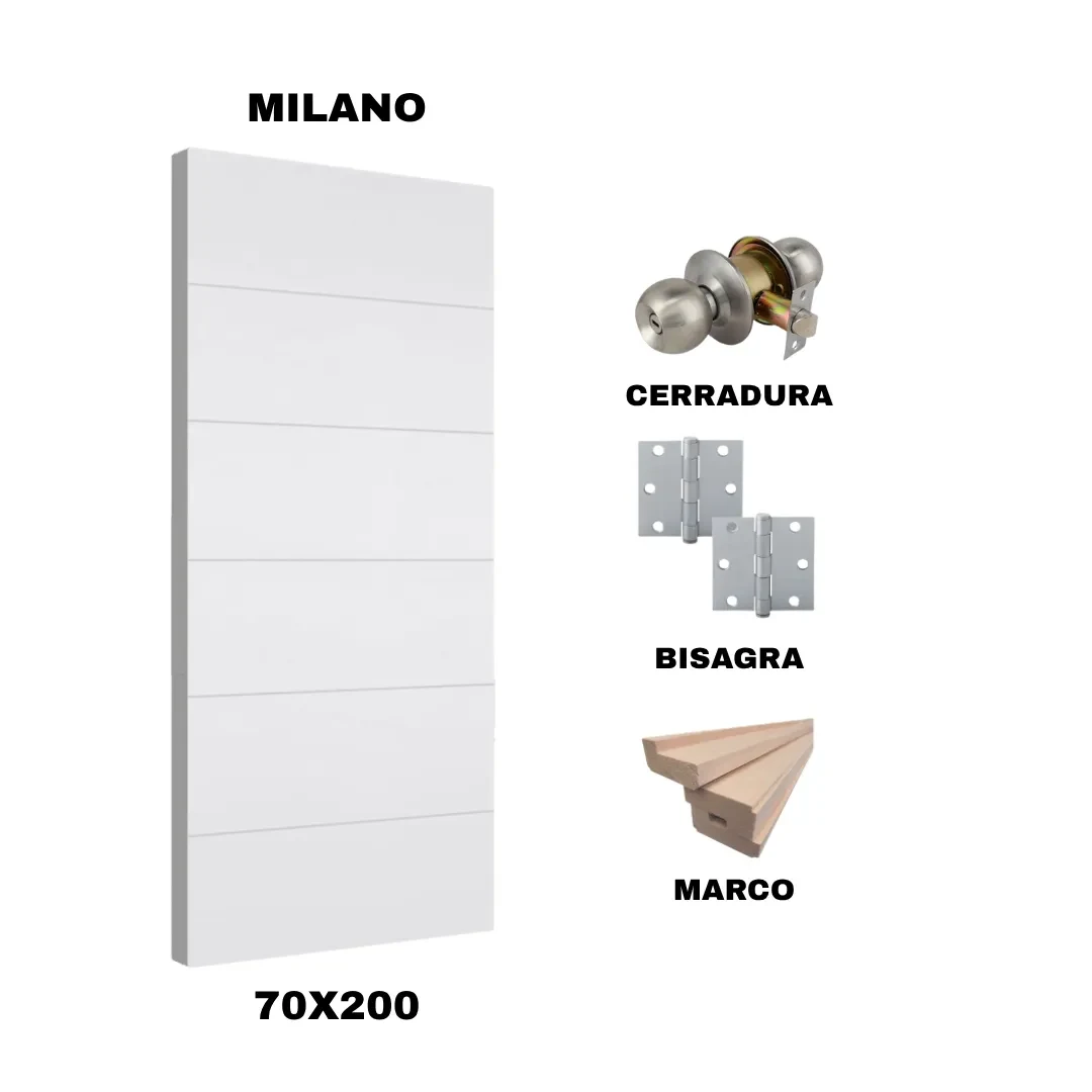 KIT PUERTA MILANO 70X200 CM DORMITORIO (MARCO 70X30 MM  - CERRADURA INOX - BISAGRA)1