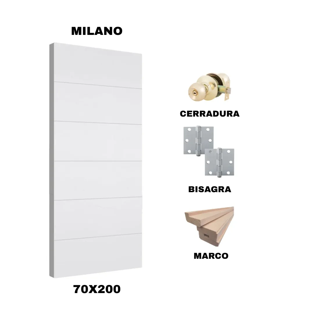 KIT PUERTA MILANO 70X200 CM BAÑO (MARCO 90X30 MM  - CERRADURA BRONCE - BISAGRA)1
