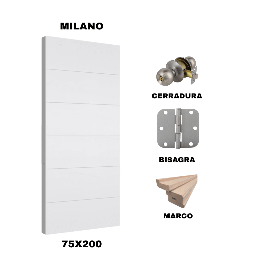 KIT PUERTA MILANO 75X200 CM BAÑO (MARCO 90X30 MM  - CERRADURA INOX - BISAGRA)1
