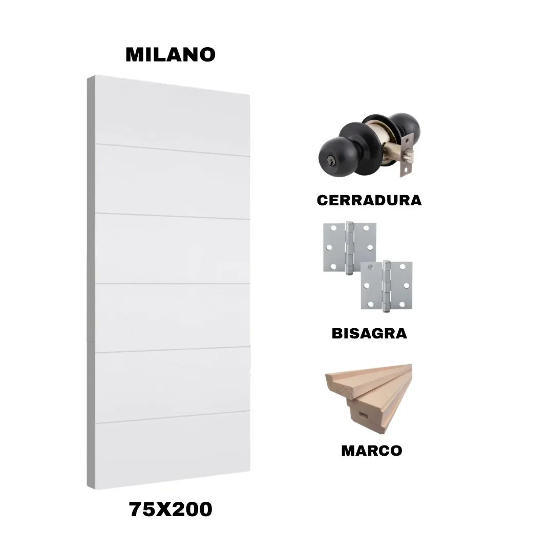 KIT PUERTA MILANO 75X200 CM DORMITORIO (MARCO 90X30 MM  - CERRADURA NEGRO - BISAGRA)1