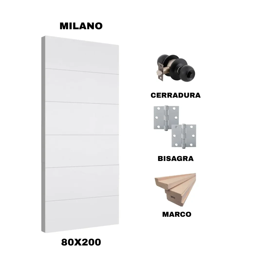 KIT PUERTA MILANO 80X200 CM BAÑO (MARCO 70X30 MM  - CERRADURA NEGRA - BISAGRA)1