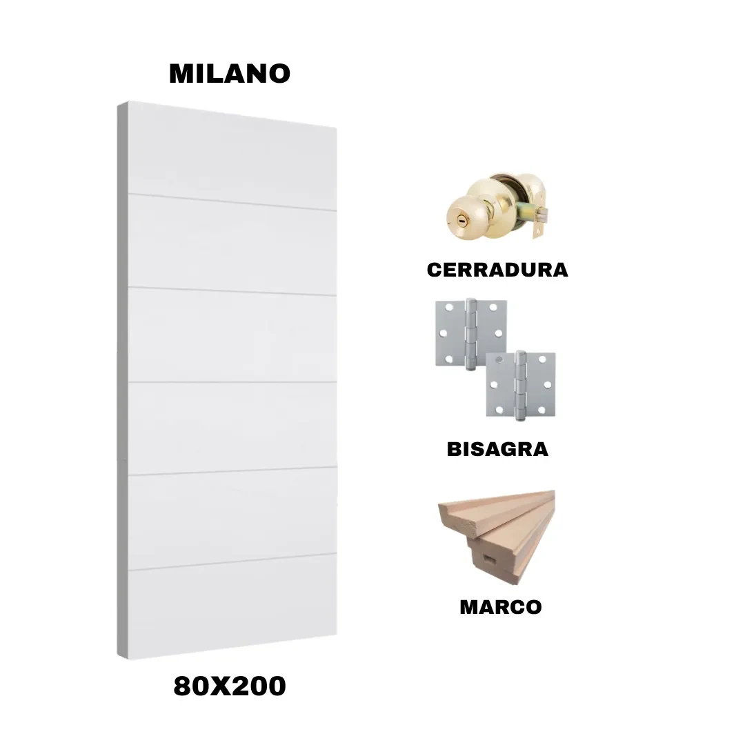 KIT PUERTA MILANO 80X200 CM BAÑO (MARCO 90X30 MM  - CERRADURA BRONCE - BISAGRA)1