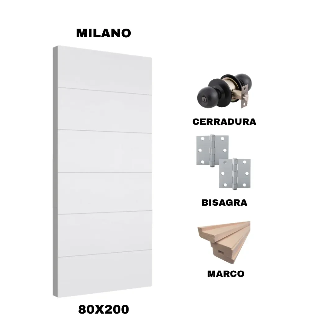 KIT PUERTA MILANO 80X200 CM DORMITORIO (MARCO 90X30 MM  - CERRADURA NEGRO - BISAGRA)1