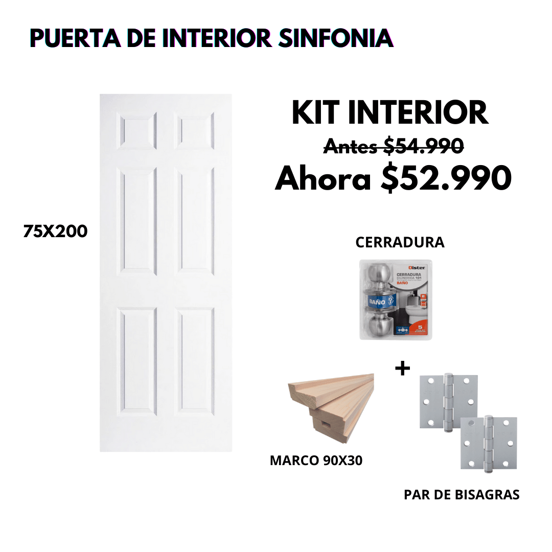 KIT PUERTA SINFONIA 75X200+MARCO 9+CERRADURA BAÑO INOX+BISAGRA1