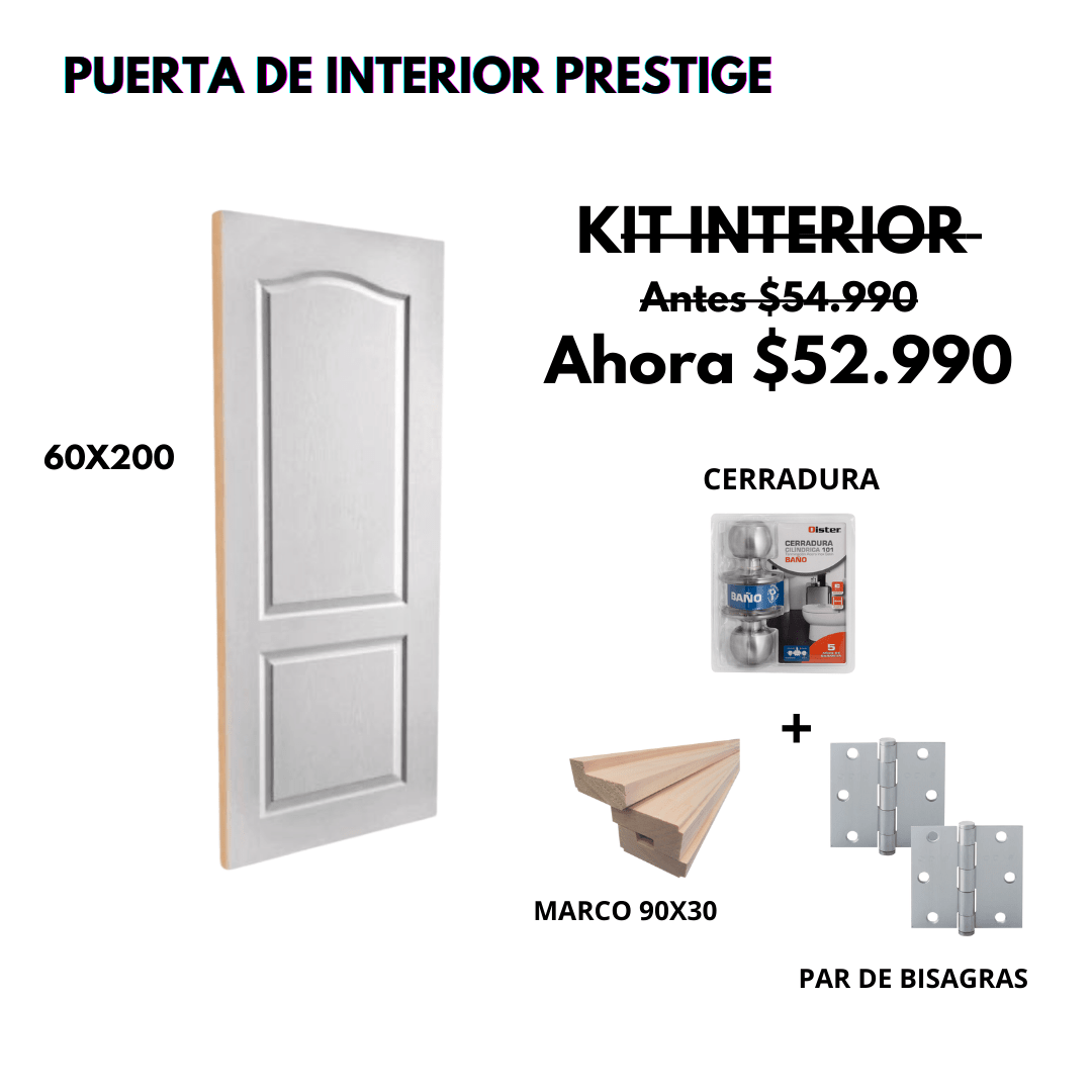 KIT PUERTA PRESTIGE 60X200+MARCO 9+CERRADURA BAÑO INOX+BISAGRA1