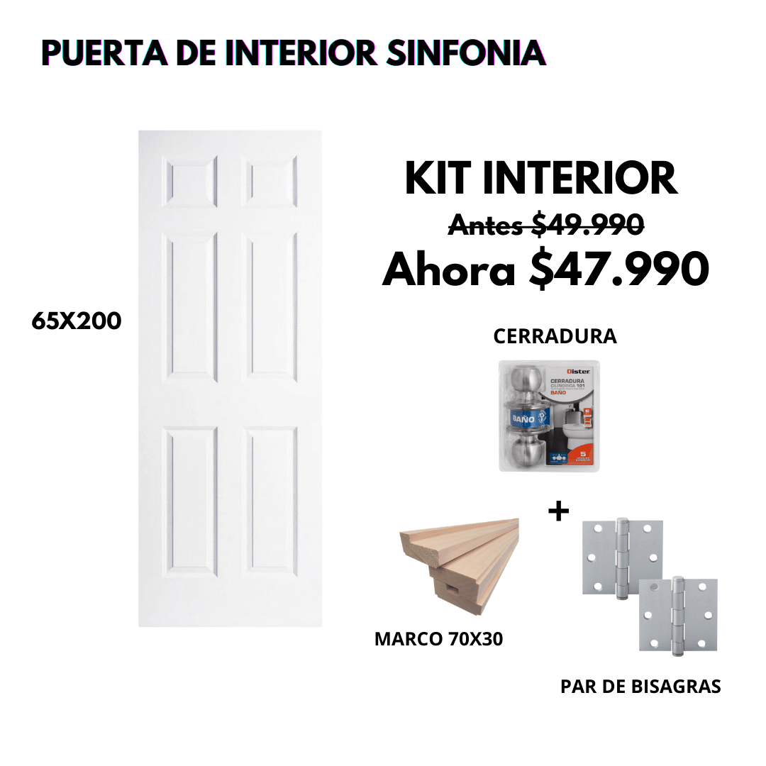 KIT PUERTA SINFONIA 65X200+MARCO 7+CERRADURA BAÑO INOX+BISAGRA1