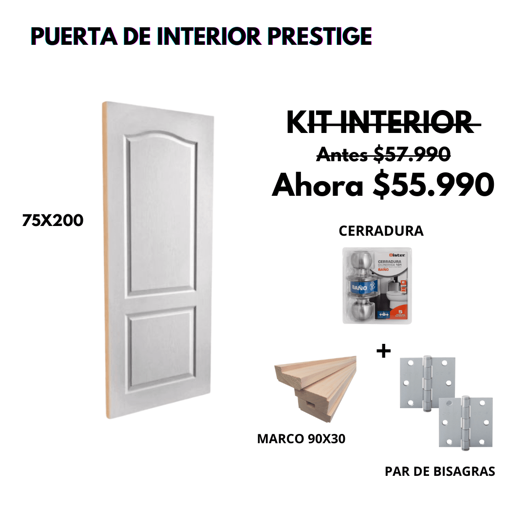 KIT PUERTA PRESTIGE 75X200 CM BAÑO (MARCO 90X30 MM  - CERRADURA INOX - BISAGRA)1