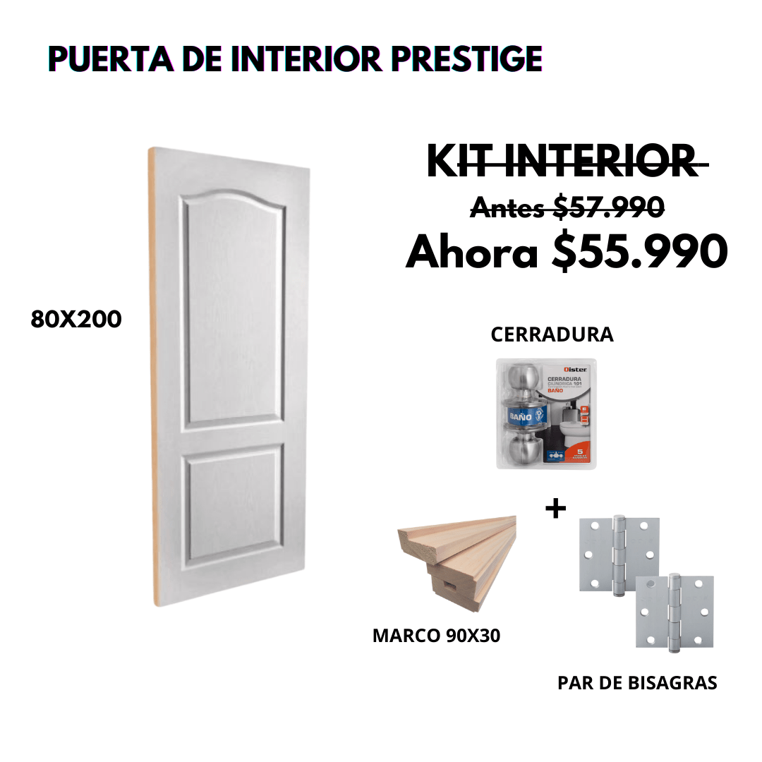 KIT PUERTA PRESTIGE 80X200+MARCO 9+CARRADURA BAÑO INOX+BISAGRA1